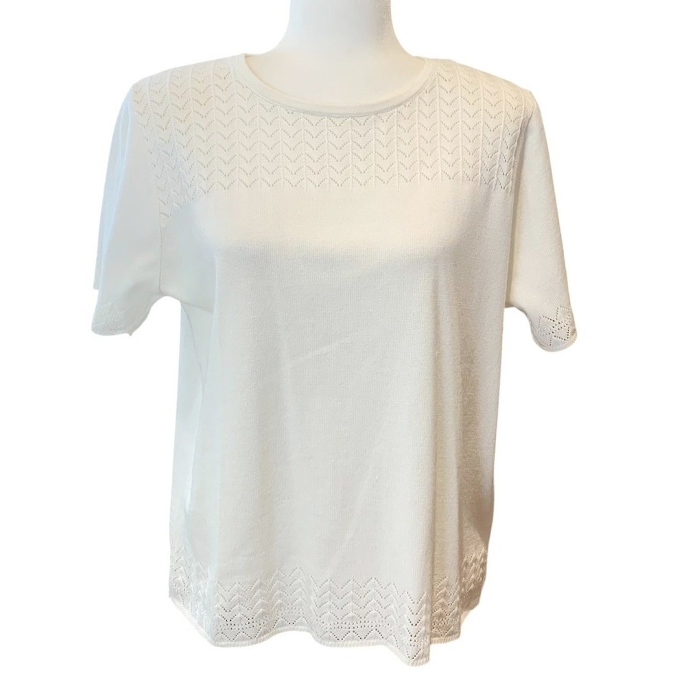Alfred Dunner Pointelle Knit Top Womens L White SS Vintage Grandmillennial